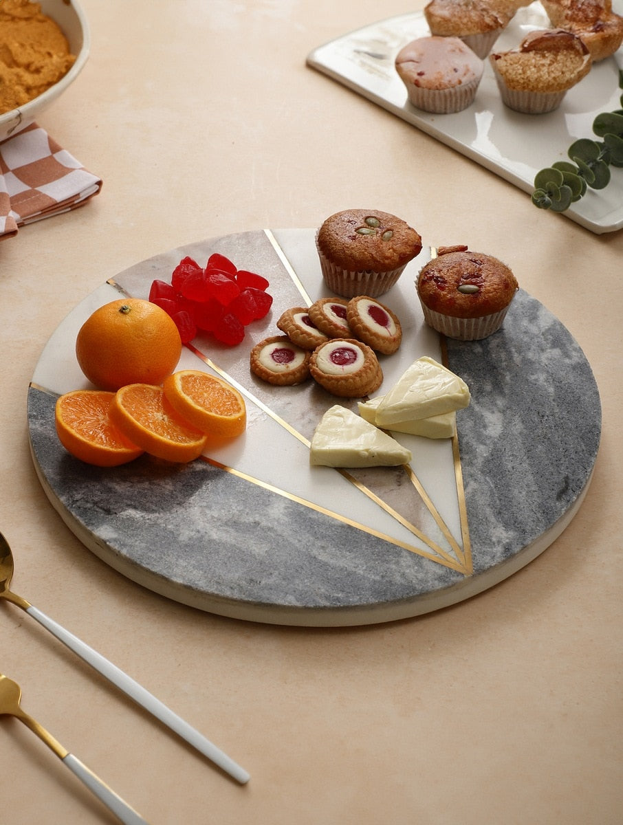 Marble Round Serving Platter with Geometric Stone Detail