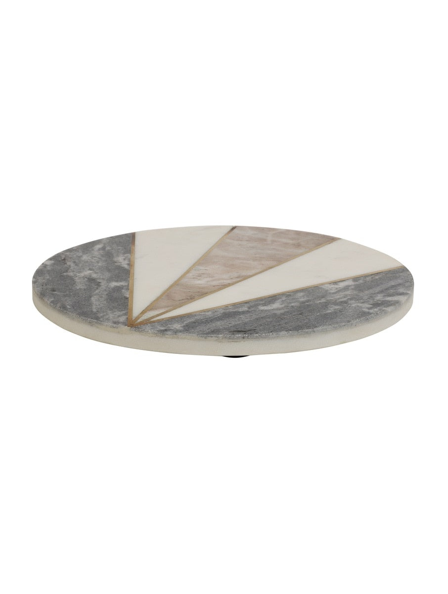 Marble Round Serving Platter with Geometric Stone Detail