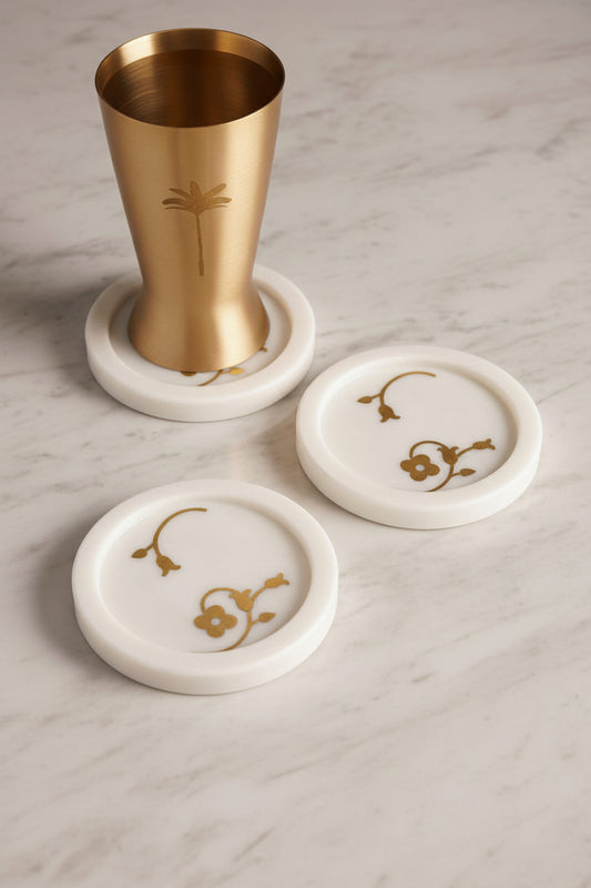 White Marble Floral Coasters with Metal Inlay