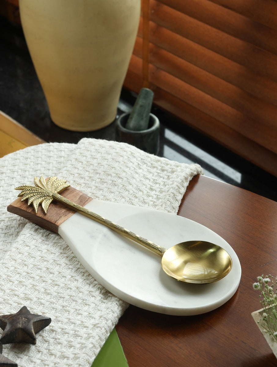 White Marble Handcrafted Platter with Wooden Handle