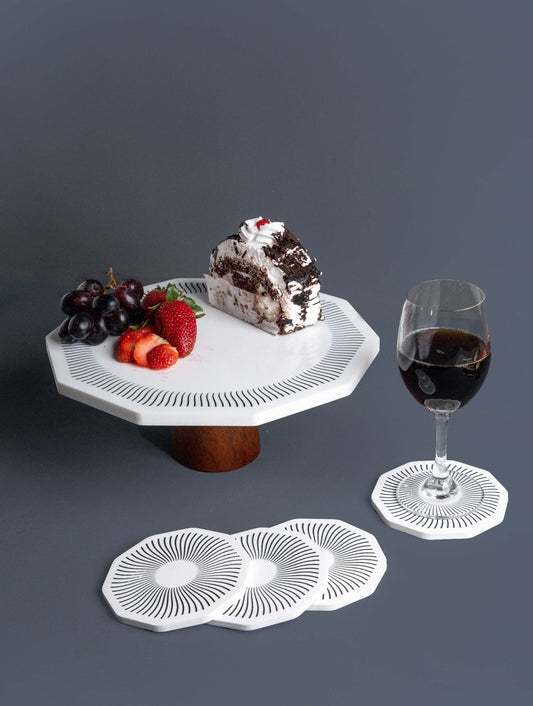 White Marble Cake Stand with Wooden Base and Four Coasters