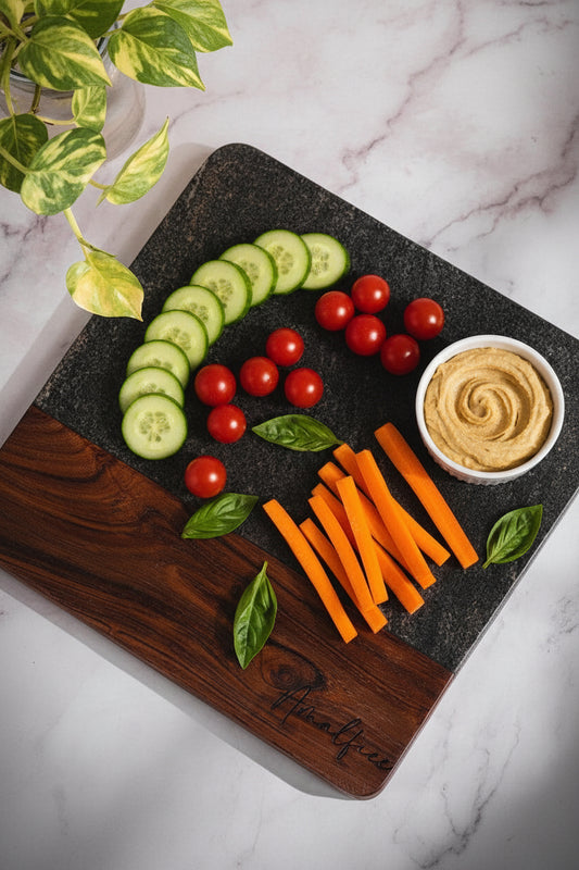 Black Marble and Wood Square Serving Platter