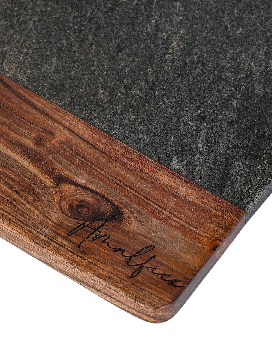 Black Marble and Wood Square Serving Platter