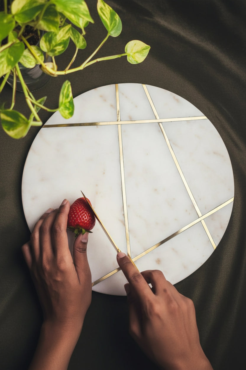 White Marble Round Serving Platter with Metal Detail