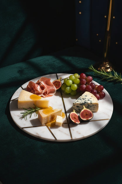 White Marble Round Serving Platter with Metal Detail