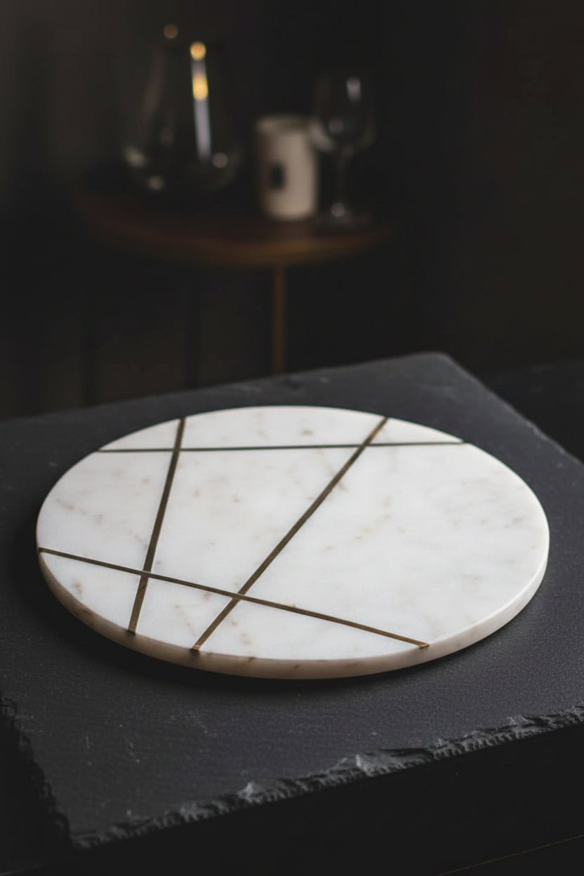 White Marble Round Serving Platter with Metal Detail