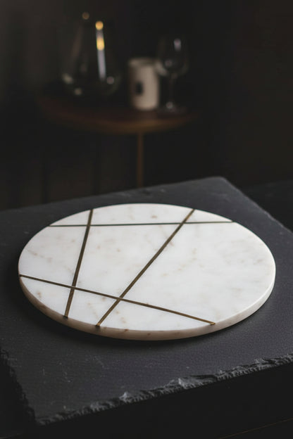 White Marble Round Serving Platter with Metal Detail