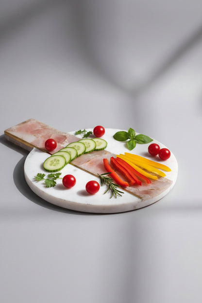 White Marble Platter with Semi-Precious Stone Inlay