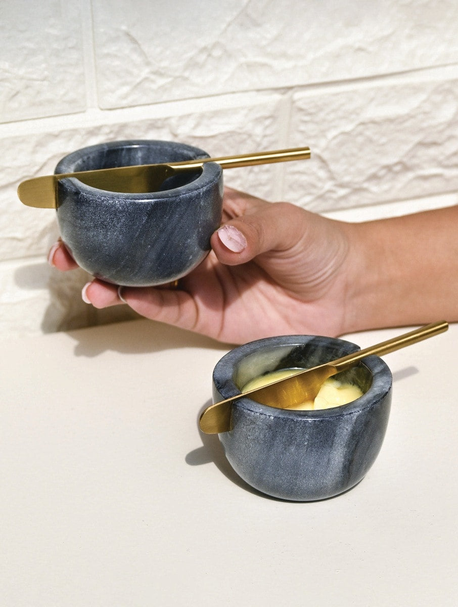 Grey Marble Butter Bowl with Butter Knife