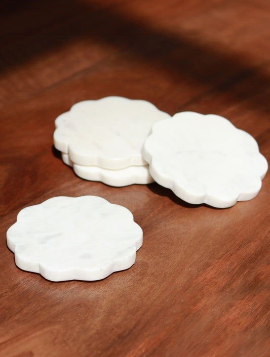 White Marble Flower Coasters – Set of Four