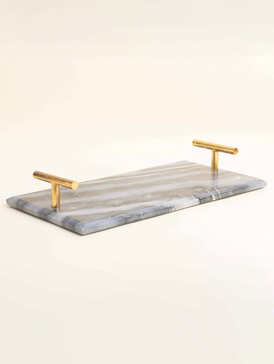 Grey Marble Serving Tray with Metal Handles