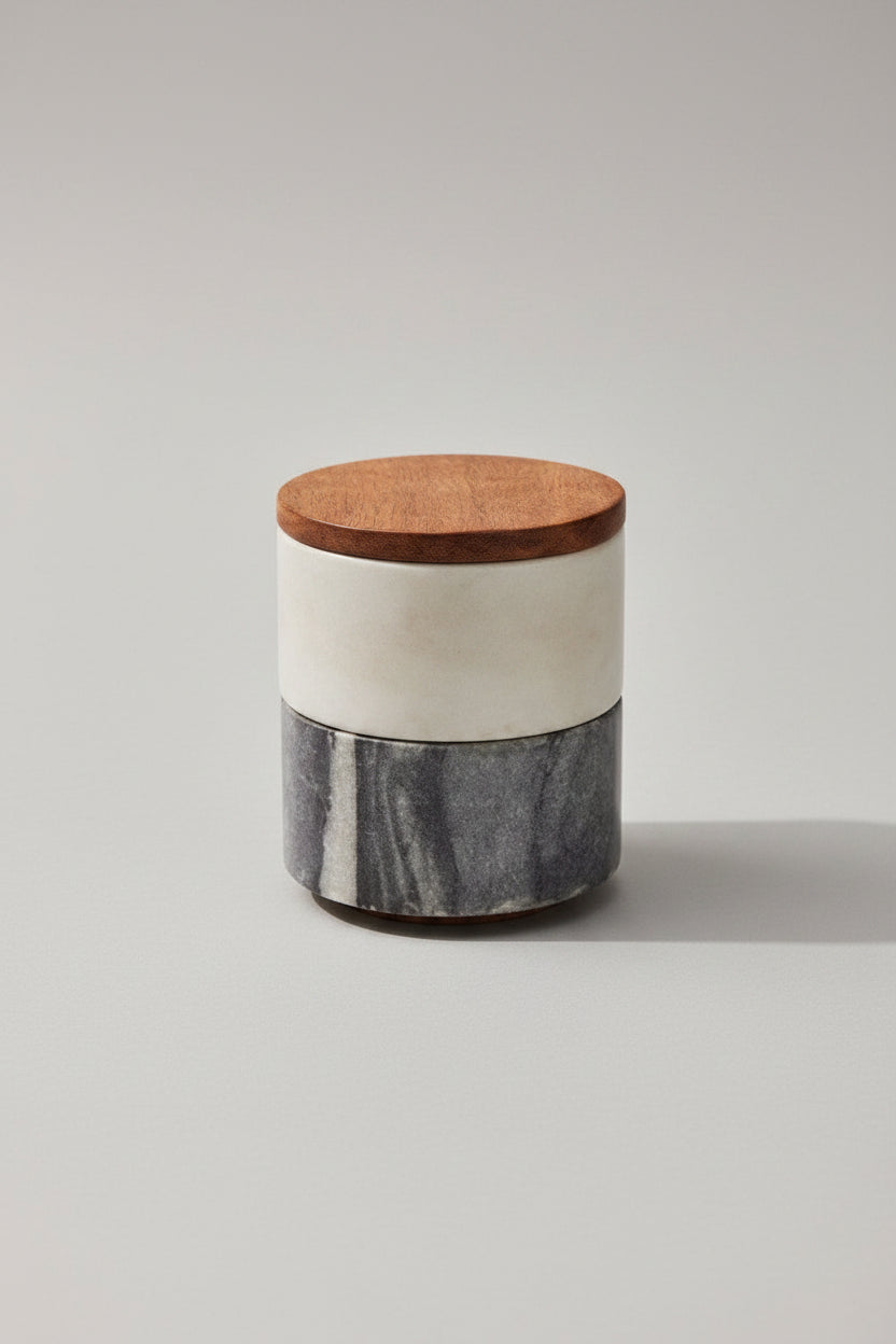 White and Grey Stackable Marble Jar Set with Wooden Lids