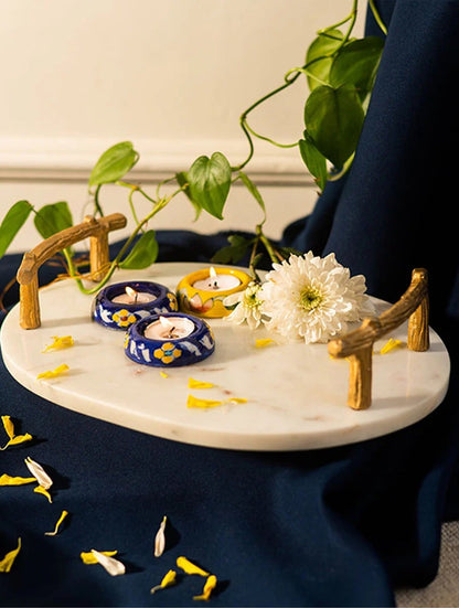White Marble Oval Serving Tray with Metal Handles