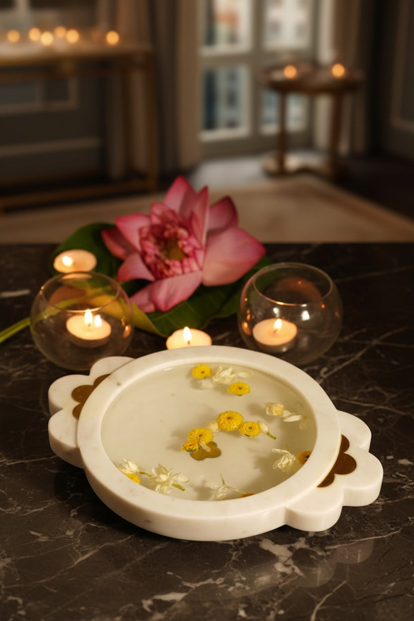 White Marble Urli with Metal Detailing