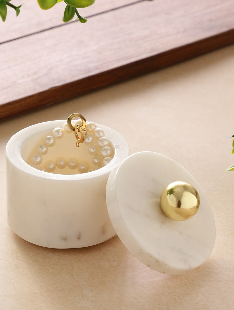 White Marble Storage Jar with Metal Knob