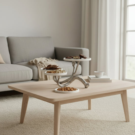White Marble Three-Dish Serving Stand with Metal Base