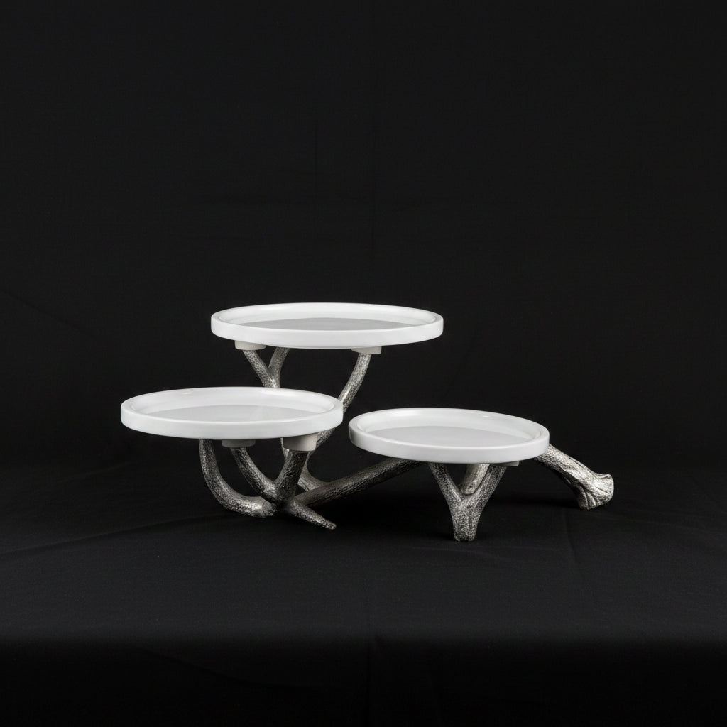 White Marble Three-Dish Serving Stand with Metal Base