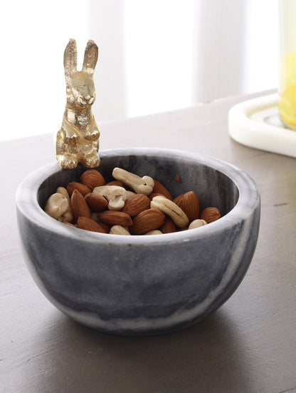 Grey Marble Bowl with Metal Rabbit Accent