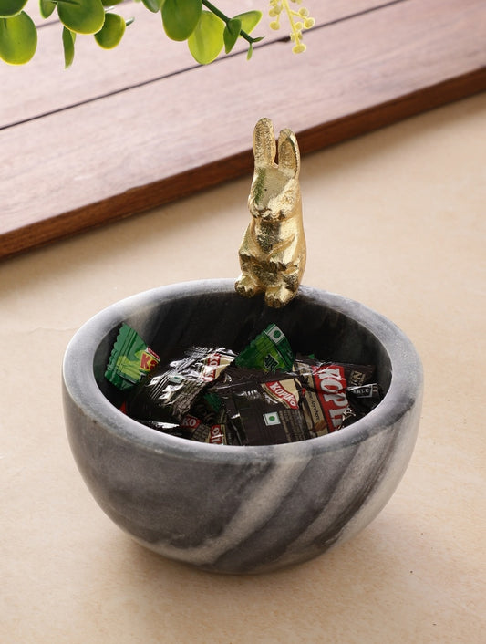 Grey Marble Bowl with Metal Rabbit Accent