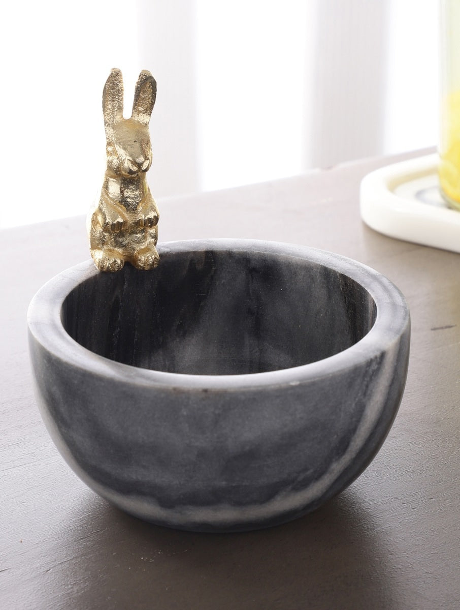 Grey Marble Bowl with Metal Rabbit Accent