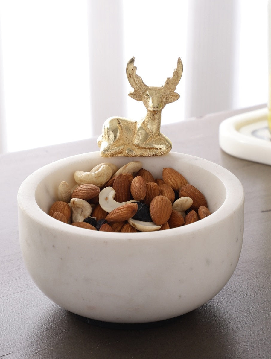 White Marble Bowl with Metal Deer Accent