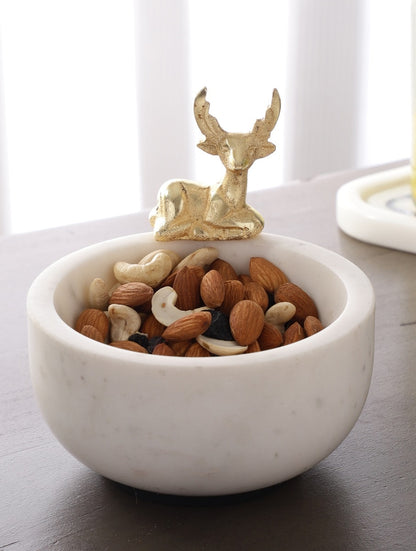 White Marble Bowl with Metal Deer Accent