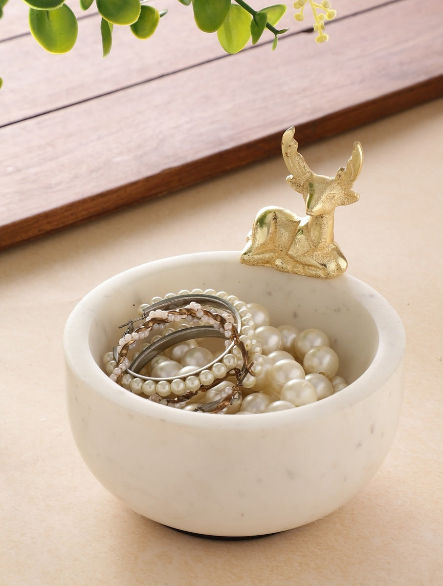 White Marble Bowl with Metal Deer Accent