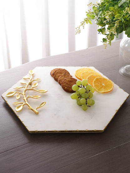 White Marble Hexagonal Platter with Metal Leaf Accent
