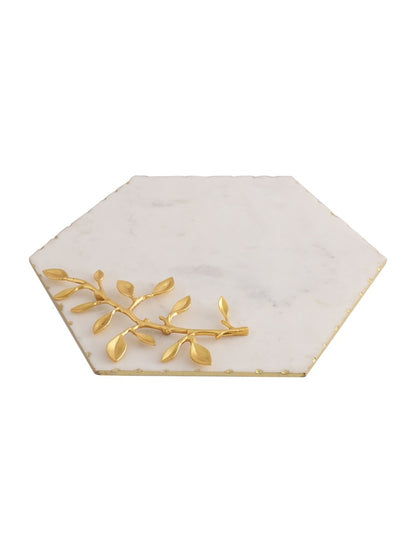 White Marble Hexagonal Platter with Metal Leaf Accent