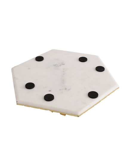 White Marble Hexagonal Platter with Metal Leaf Accent