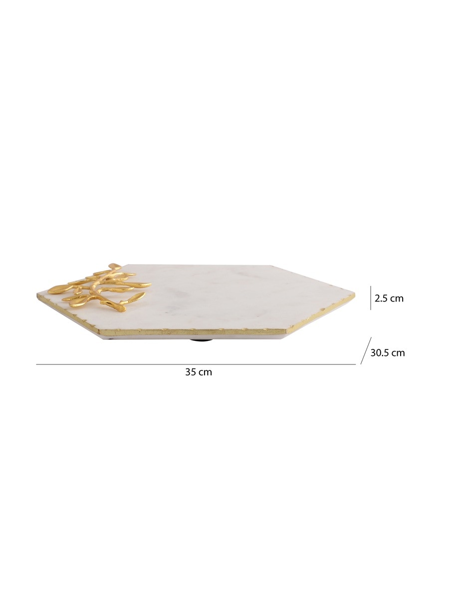 White Marble Hexagonal Platter with Metal Leaf Accent