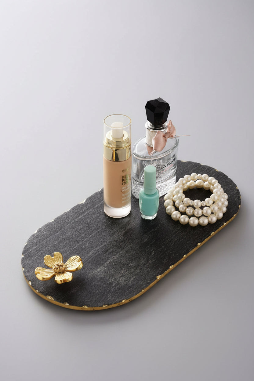 Black Marble Oblong Platter with Metal Flower Accent