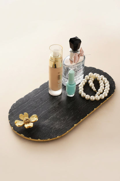 Black Marble Oblong Platter with Metal Flower Accent