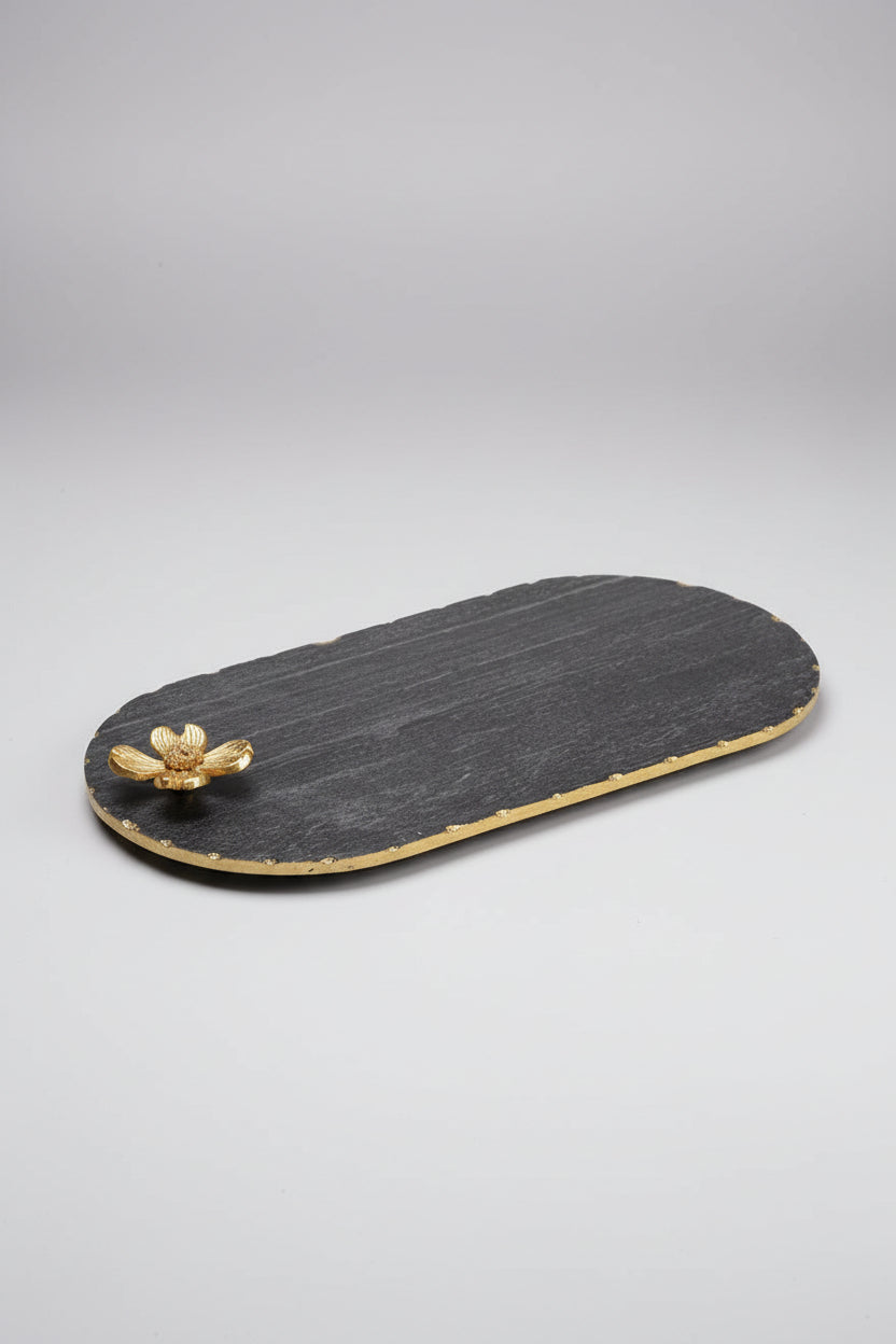 Black Marble Oblong Platter with Metal Flower Accent