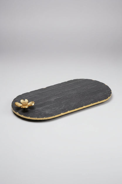 Black Marble Oblong Platter with Metal Flower Accent