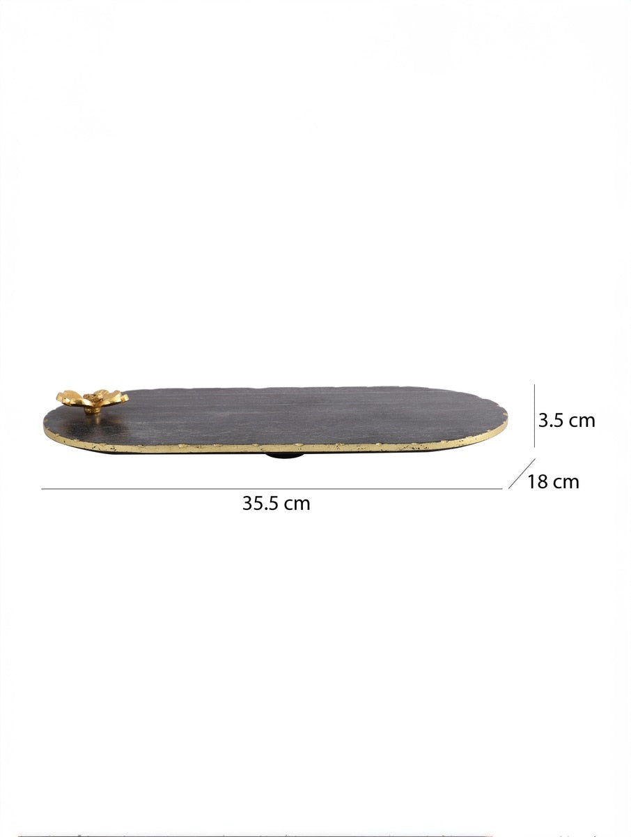 Black Marble Oblong Platter with Metal Flower Accent