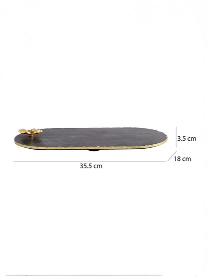 Black Marble Oblong Platter with Metal Flower Accent