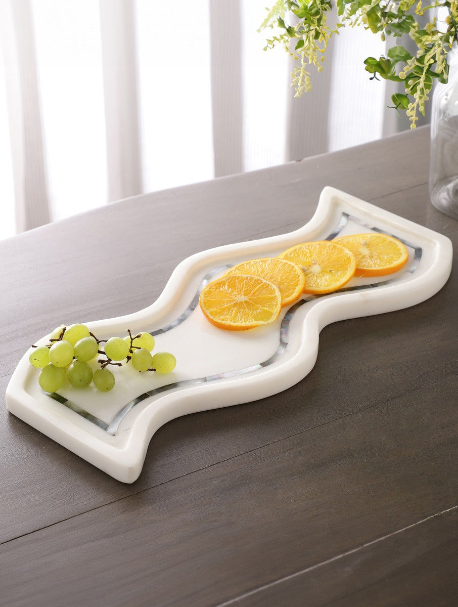 White Marble Abstract Platter with Inlaid Border