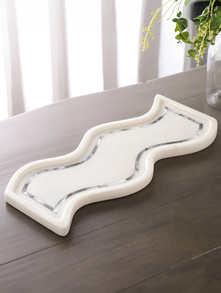 White Marble Abstract Platter with Inlaid Border