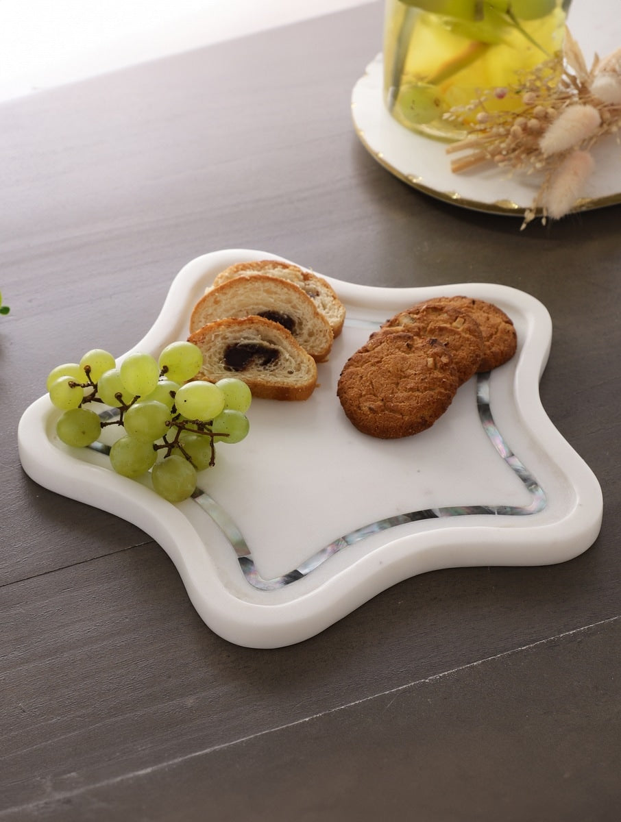 White Marble Star Platter with Inlaid Border