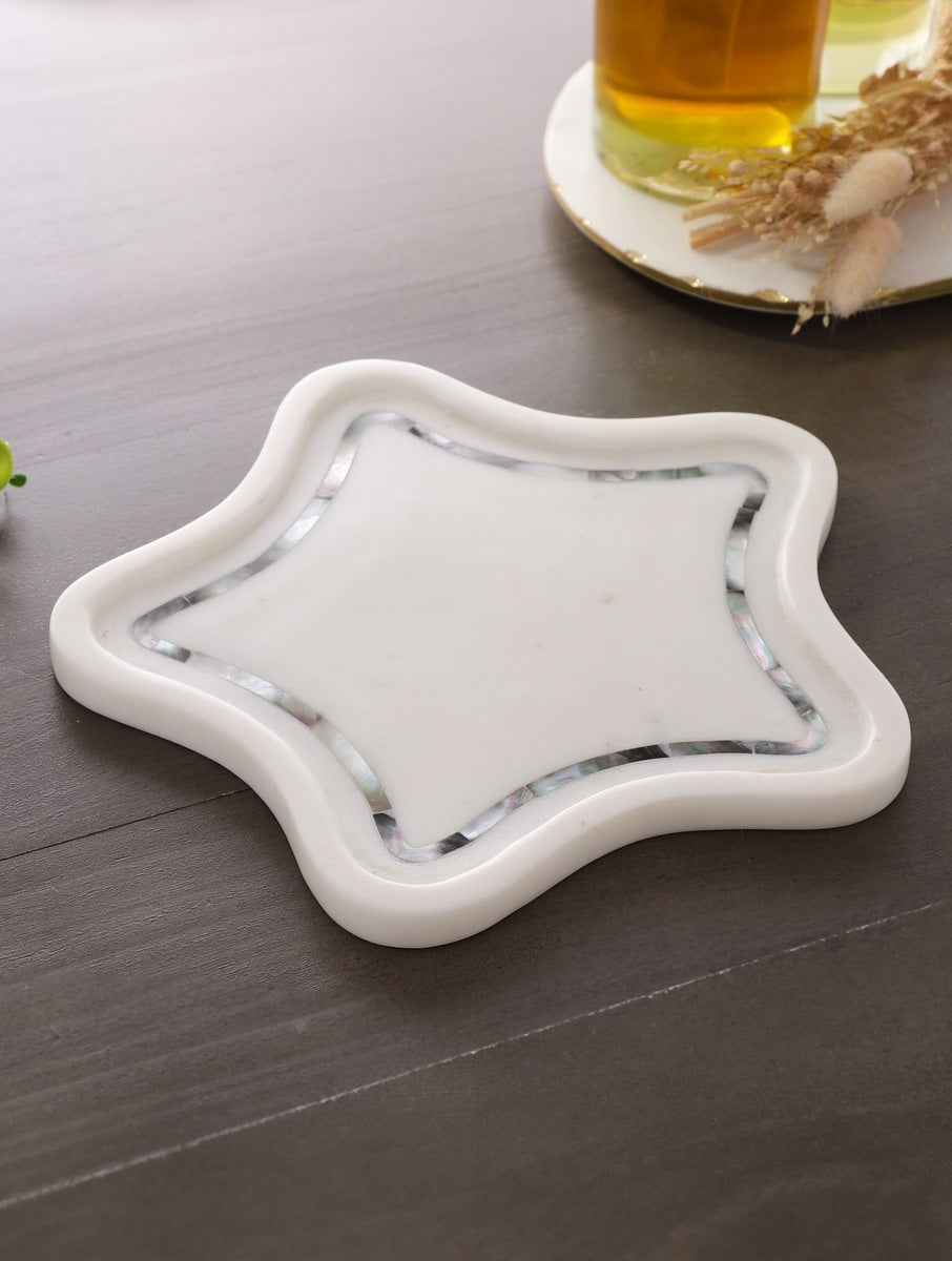 White Marble Star Platter with Inlaid Border