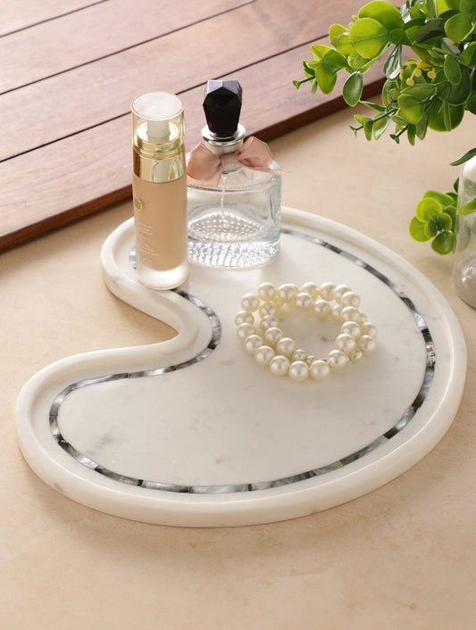 White Marble Kidney-Shaped Platter with Inlaid Border