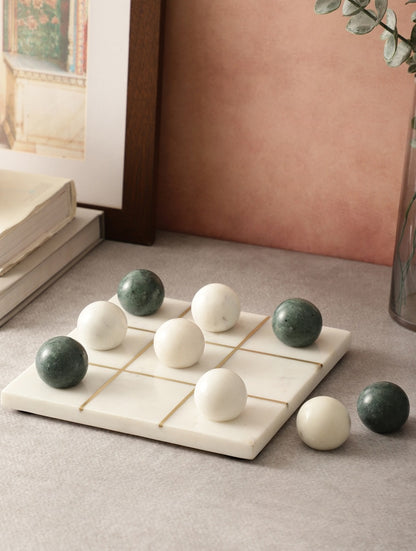 White Marble Tic-Tac-Toe Game Set with Contrasting Pieces
