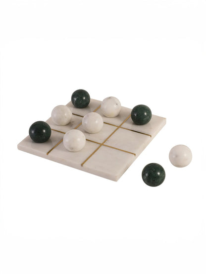 White Marble Tic-Tac-Toe Game Set with Contrasting Pieces