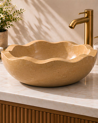 Jaisalmer Brown Fluted Stone Vessel Sink | Handcrafted Natural Stone Wash Basin