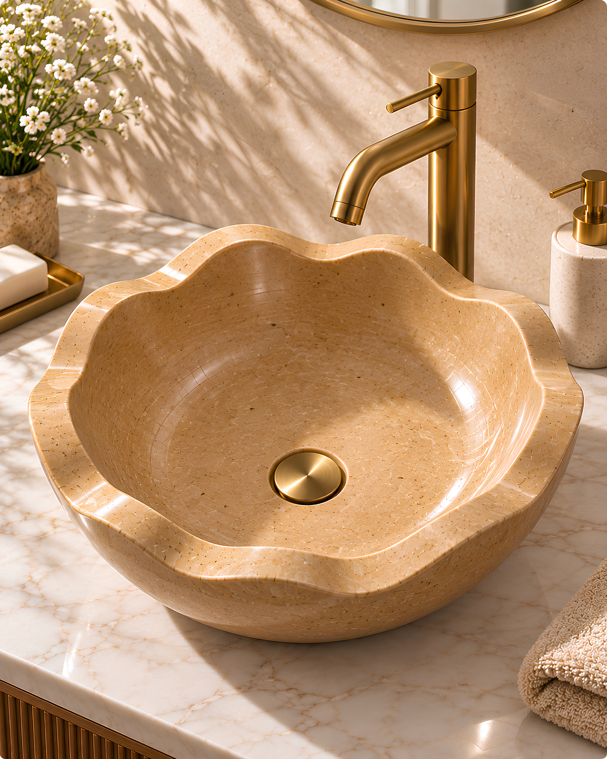 Jaisalmer Brown Fluted Stone Vessel Sink | Handcrafted Natural Stone Wash Basin