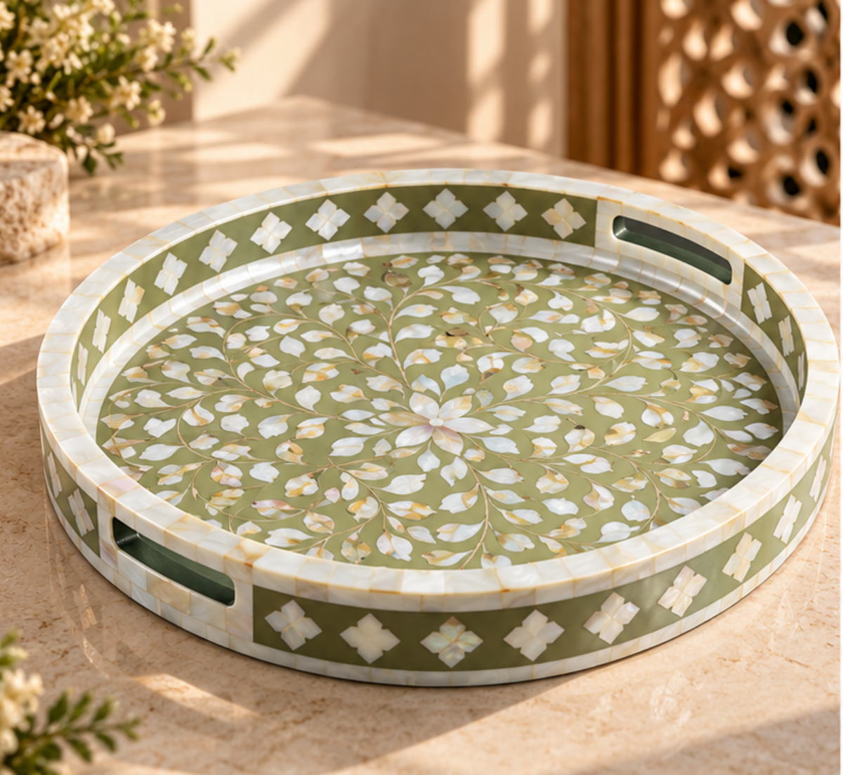 Ivory Beige mother of pearl inlay decorative tray