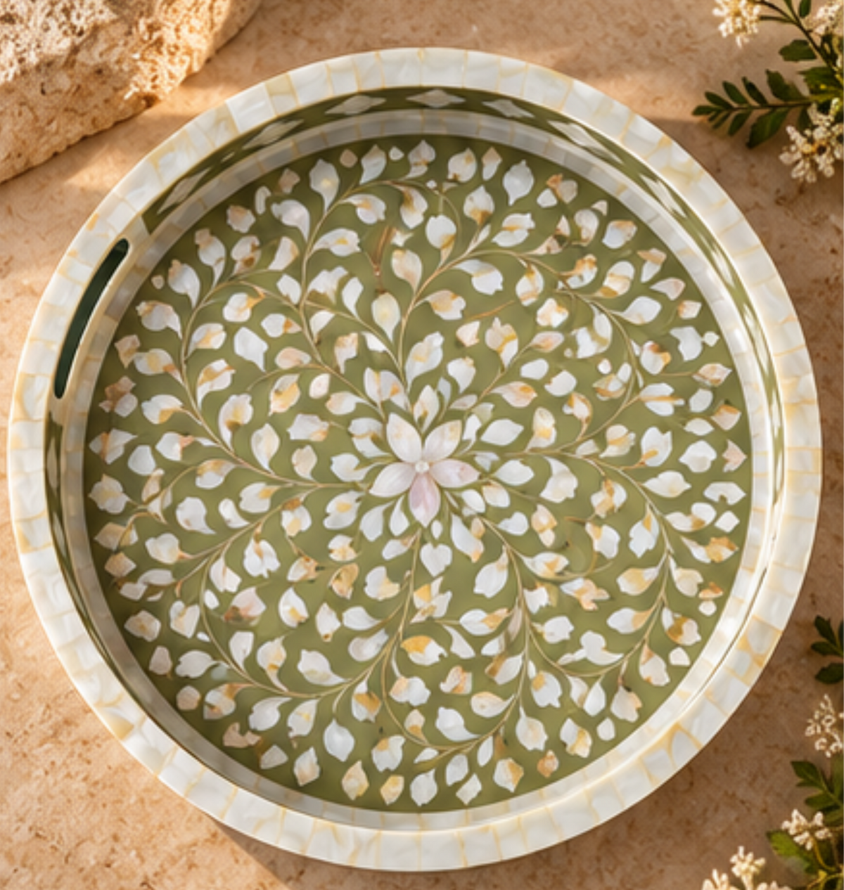 Ivory Beige mother of pearl inlay decorative tray
