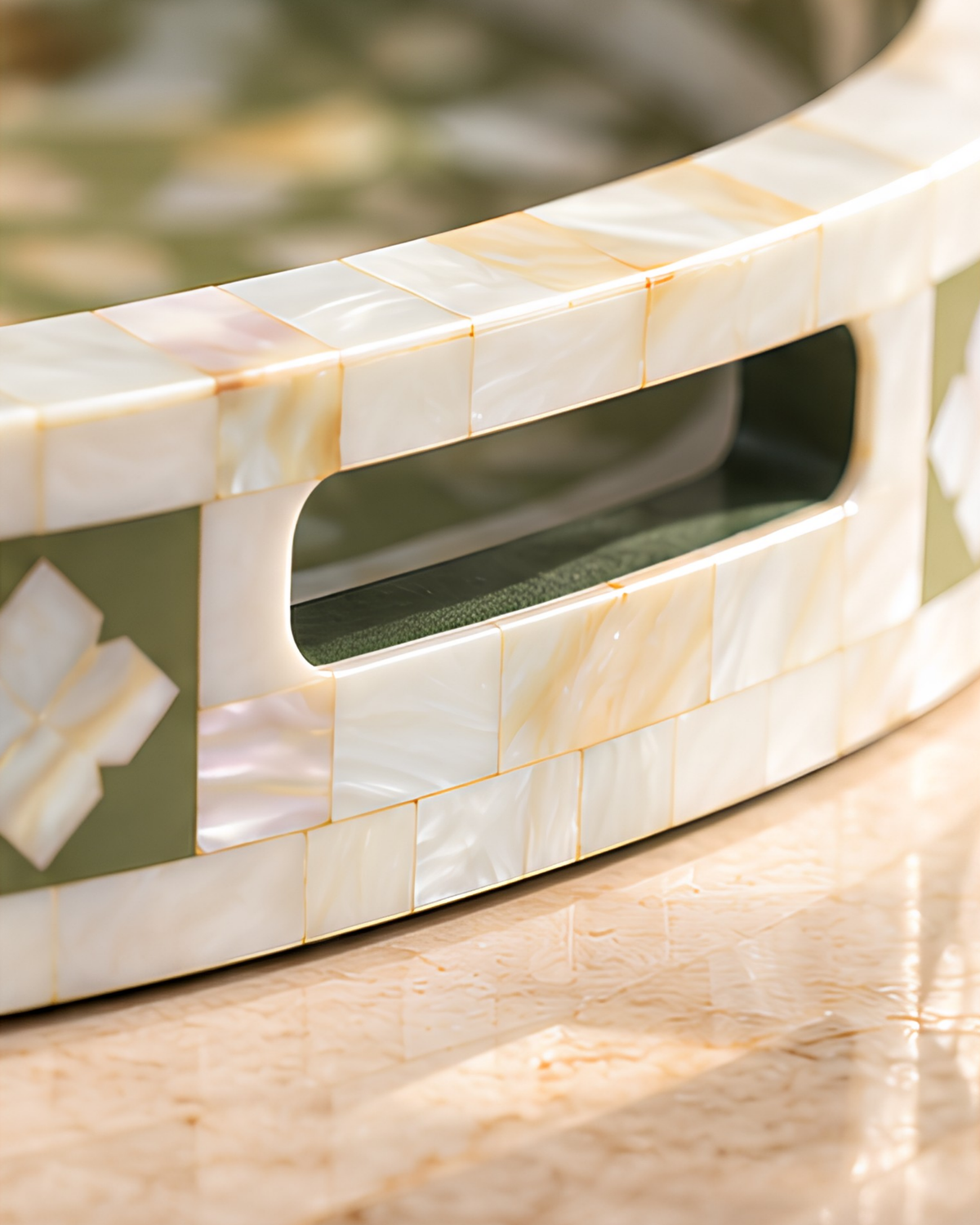 Ivory Beige Mother of Pearl Inlay Round Serving Tray