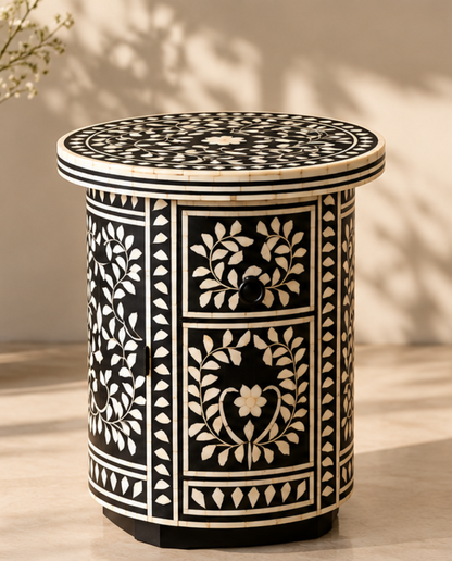 Black and White Floral Bone Inlay Round Side Table